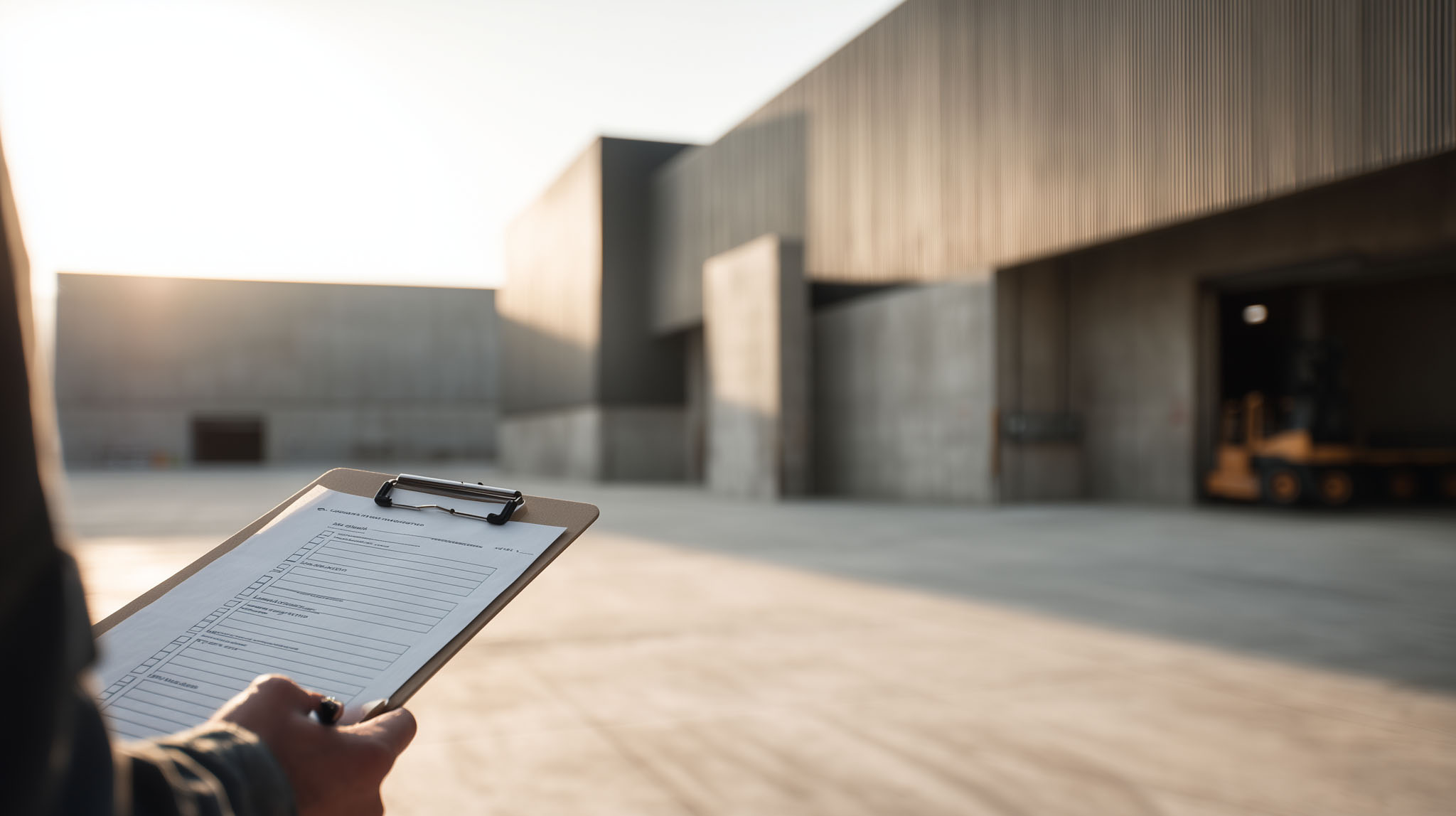 Person with a clipboard reviewing a list in front of industrial warehouses in a Mexican logistics park
