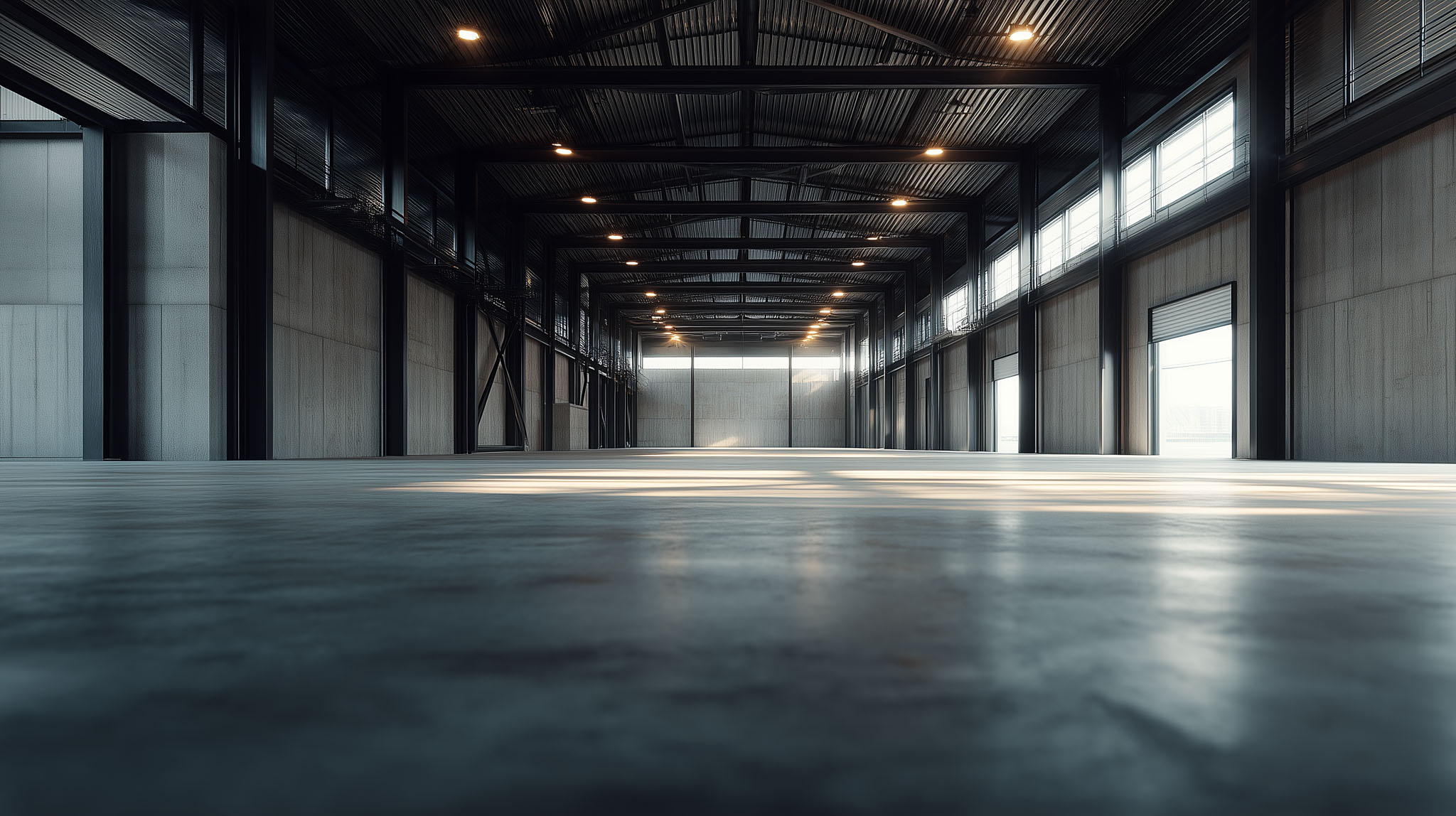 Interior of an industrial warehouse in Mexico with visible metal structure and natural light, without people