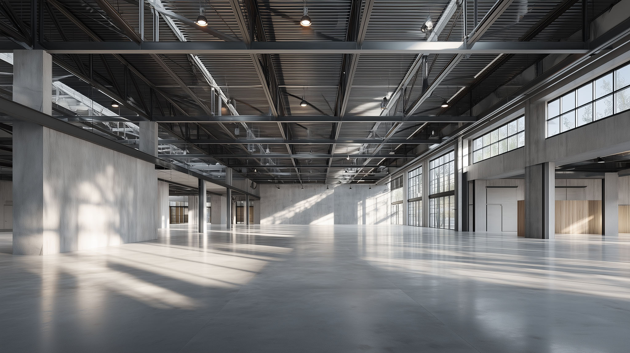 Spacious interior with visible steel structure and polished concrete floors in a modern Mexican warehouse