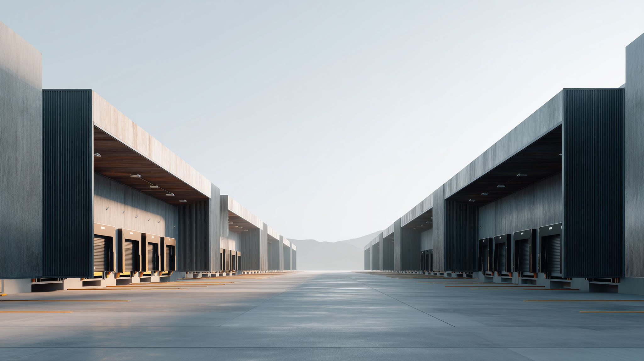 Warehouses lined up in an industrial park with loading docks and large maneuvering yards