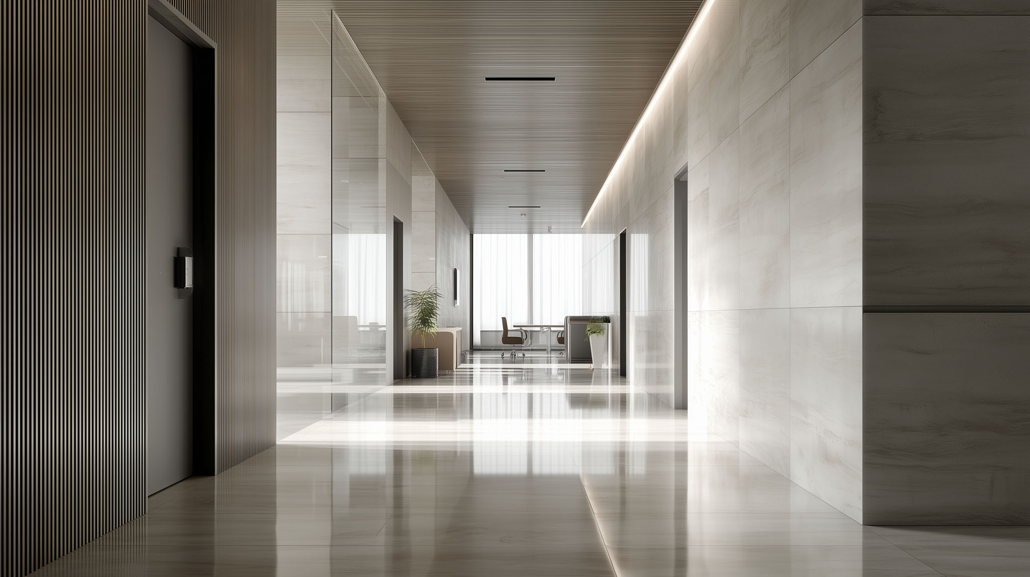 Interior office hallway in Mexico with doors and natural light, without signage