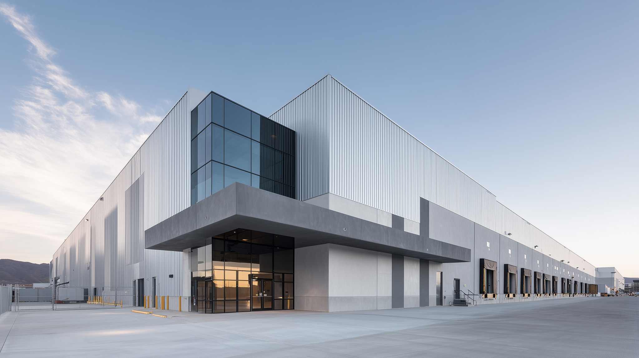Industrial zone in Mexico with metal warehouses and internal roadways